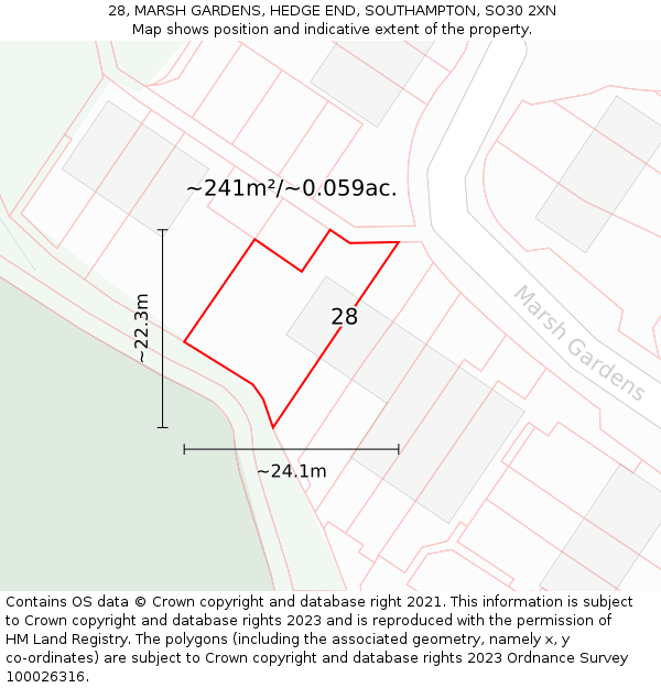 28, MARSH GARDENS, HEDGE END, SOUTHAMPTON, SO30 2XN: Plot and title map