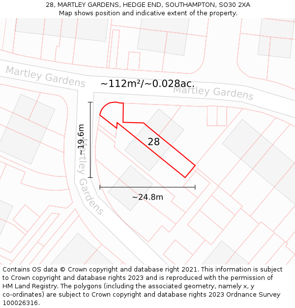 28, MARTLEY GARDENS, HEDGE END, SOUTHAMPTON, SO30 2XA: Plot and title map