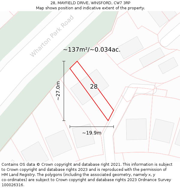 28, MAYFIELD DRIVE, WINSFORD, CW7 3RP: Plot and title map