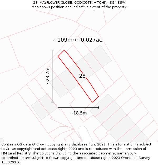 28, MAYFLOWER CLOSE, CODICOTE, HITCHIN, SG4 8SW: Plot and title map