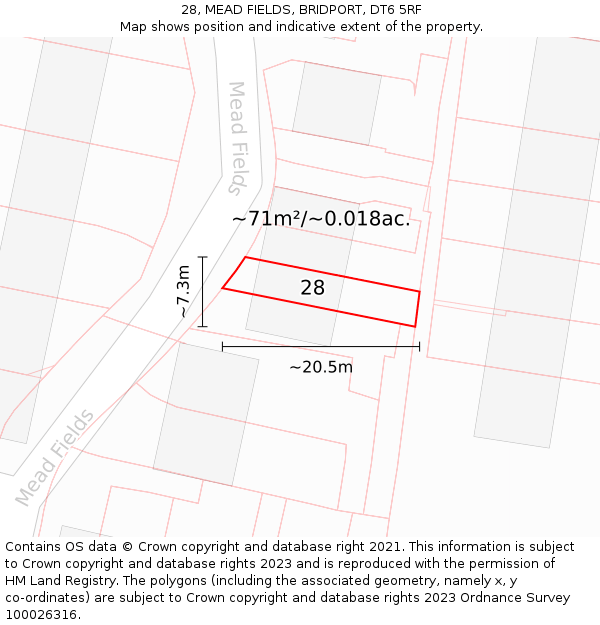 28, MEAD FIELDS, BRIDPORT, DT6 5RF: Plot and title map