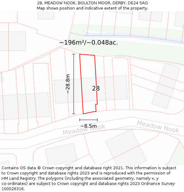 28, MEADOW NOOK, BOULTON MOOR, DERBY, DE24 5AG: Plot and title map