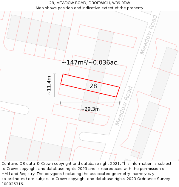 28, MEADOW ROAD, DROITWICH, WR9 9DW: Plot and title map