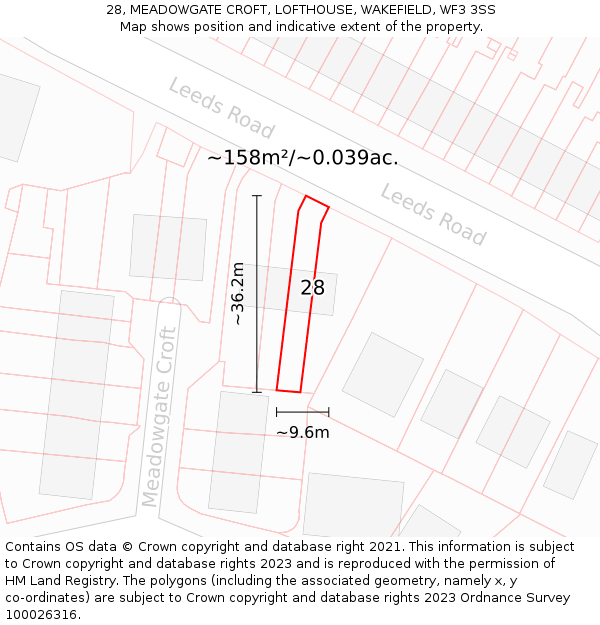 28, MEADOWGATE CROFT, LOFTHOUSE, WAKEFIELD, WF3 3SS: Plot and title map