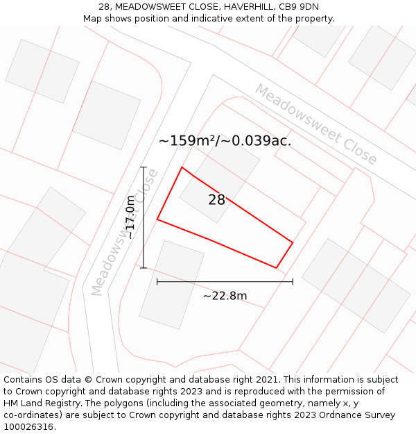 28, MEADOWSWEET CLOSE, HAVERHILL, CB9 9DN: Plot and title map