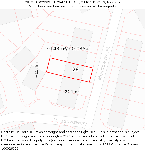 28, MEADOWSWEET, WALNUT TREE, MILTON KEYNES, MK7 7BP: Plot and title map