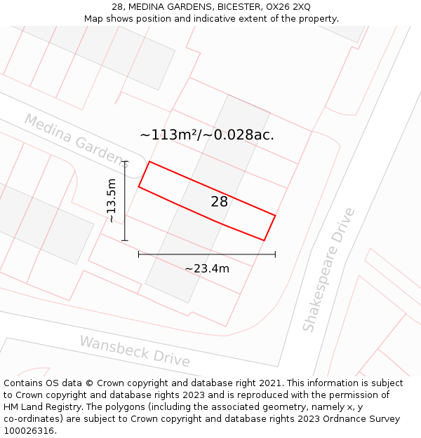28, MEDINA GARDENS, BICESTER, OX26 2XQ: Plot and title map