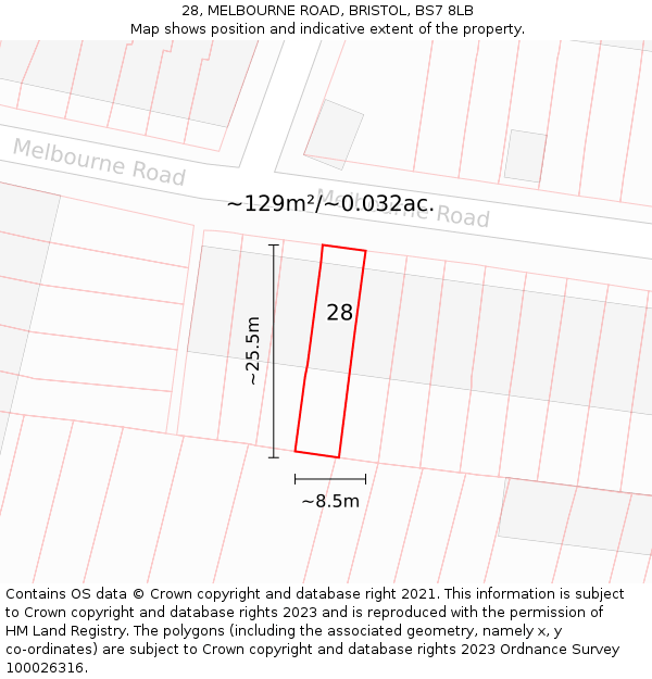 28, MELBOURNE ROAD, BRISTOL, BS7 8LB: Plot and title map