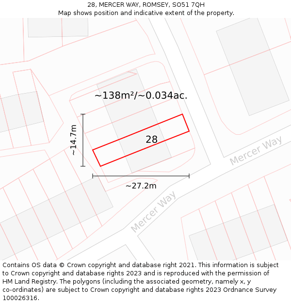 28, MERCER WAY, ROMSEY, SO51 7QH: Plot and title map