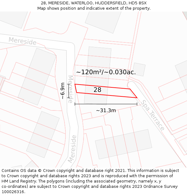 28, MERESIDE, WATERLOO, HUDDERSFIELD, HD5 8SX: Plot and title map