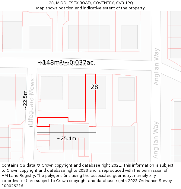 28, MIDDLESEX ROAD, COVENTRY, CV3 1PQ: Plot and title map