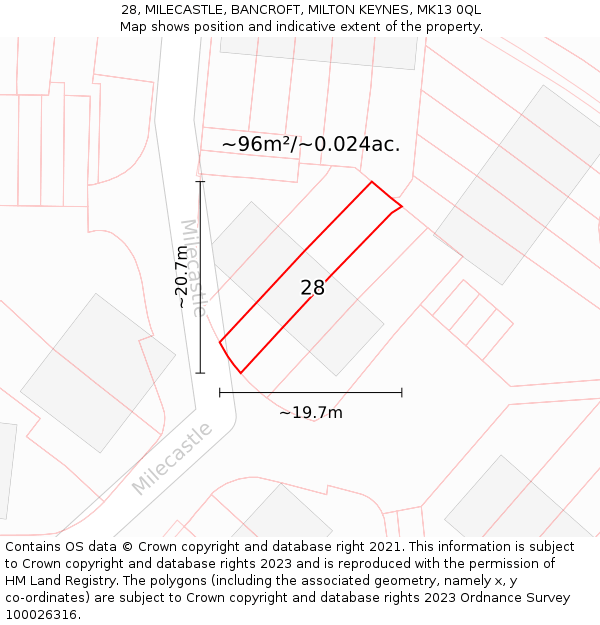 28, MILECASTLE, BANCROFT, MILTON KEYNES, MK13 0QL: Plot and title map