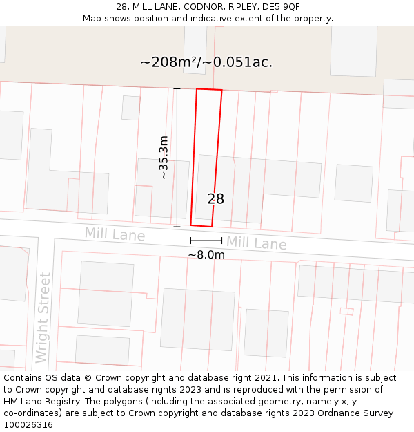28, MILL LANE, CODNOR, RIPLEY, DE5 9QF: Plot and title map