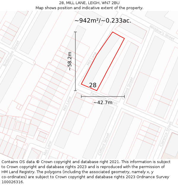 28, MILL LANE, LEIGH, WN7 2BU: Plot and title map