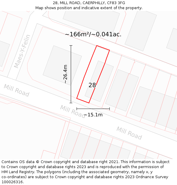 28, MILL ROAD, CAERPHILLY, CF83 3FG: Plot and title map