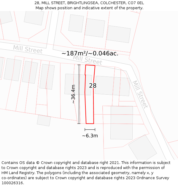 28, MILL STREET, BRIGHTLINGSEA, COLCHESTER, CO7 0EL: Plot and title map