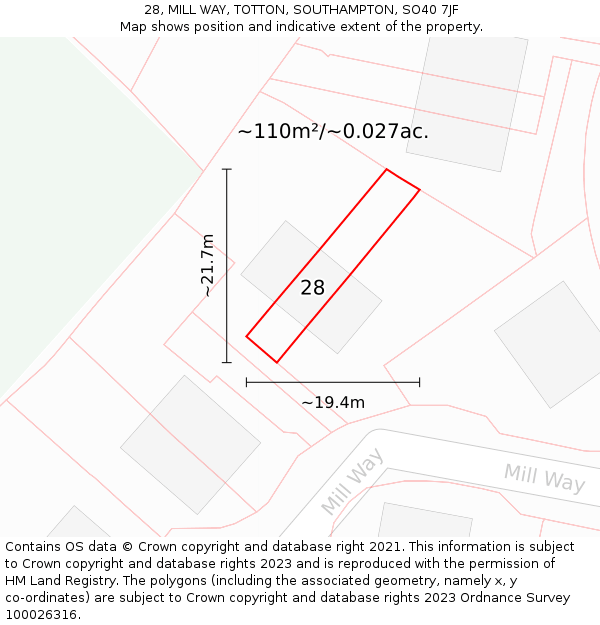 28, MILL WAY, TOTTON, SOUTHAMPTON, SO40 7JF: Plot and title map