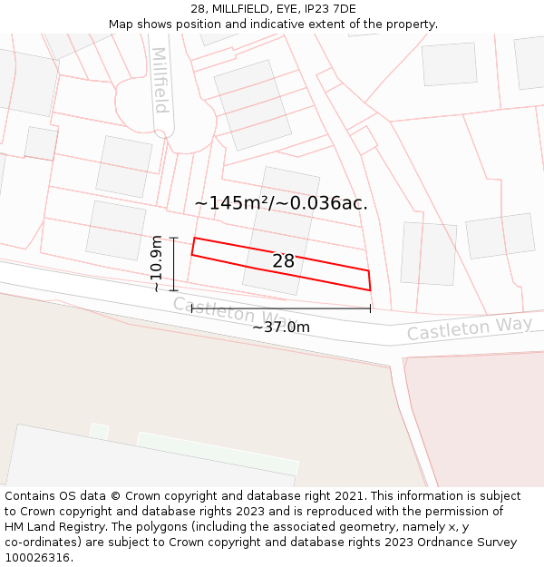 28, MILLFIELD, EYE, IP23 7DE: Plot and title map