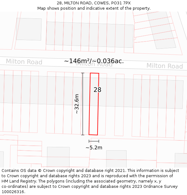 28, MILTON ROAD, COWES, PO31 7PX: Plot and title map