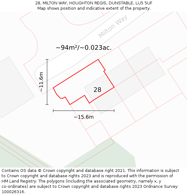 28, MILTON WAY, HOUGHTON REGIS, DUNSTABLE, LU5 5UF: Plot and title map