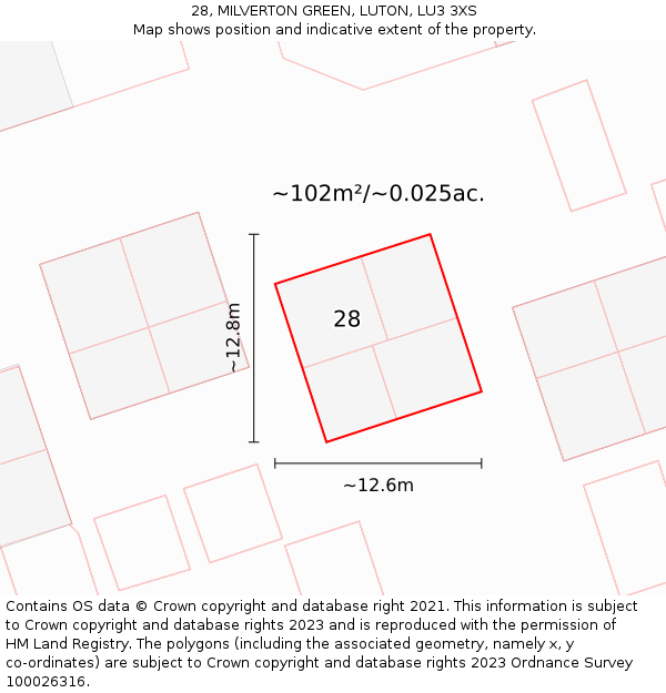 28, MILVERTON GREEN, LUTON, LU3 3XS: Plot and title map