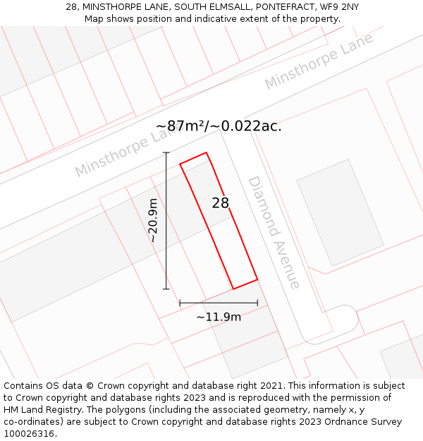 28, MINSTHORPE LANE, SOUTH ELMSALL, PONTEFRACT, WF9 2NY: Plot and title map