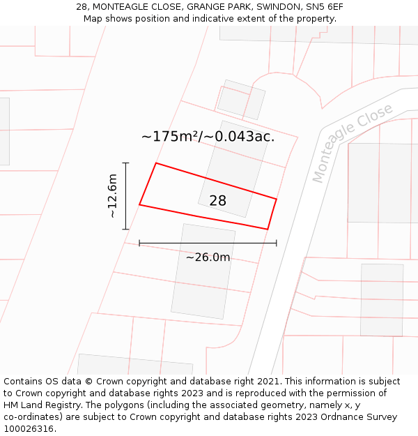 28, MONTEAGLE CLOSE, GRANGE PARK, SWINDON, SN5 6EF: Plot and title map