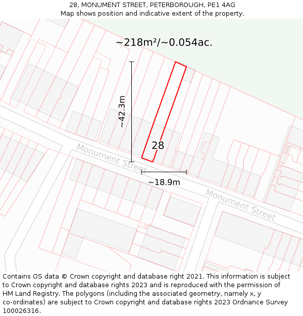 28, MONUMENT STREET, PETERBOROUGH, PE1 4AG: Plot and title map