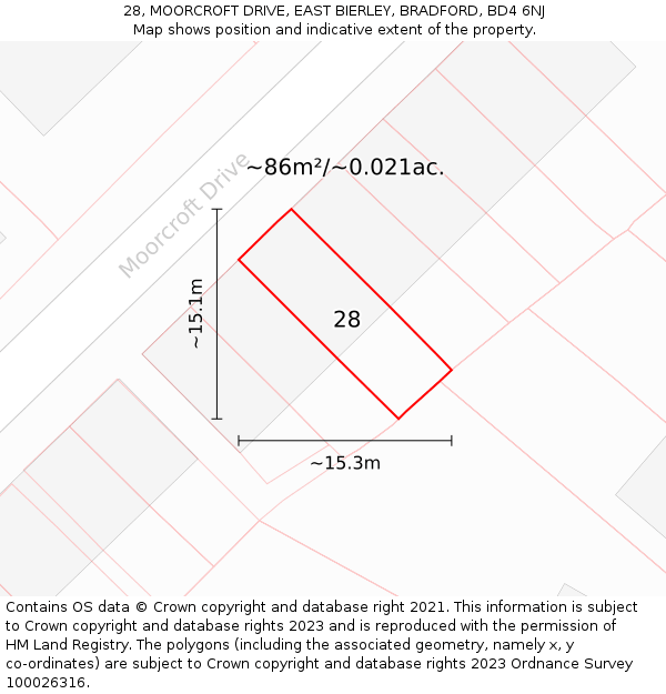 28, MOORCROFT DRIVE, EAST BIERLEY, BRADFORD, BD4 6NJ: Plot and title map