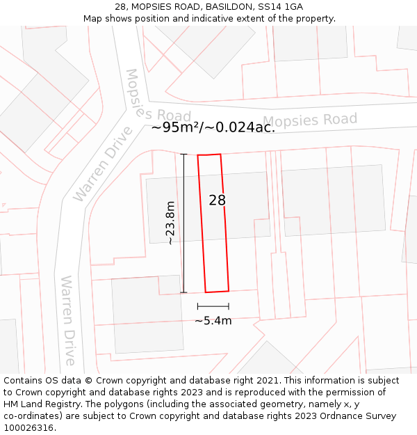 28, MOPSIES ROAD, BASILDON, SS14 1GA: Plot and title map