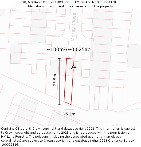 28, MORAY CLOSE, CHURCH GRESLEY, SWADLINCOTE, DE11 9HL: Plot and title map