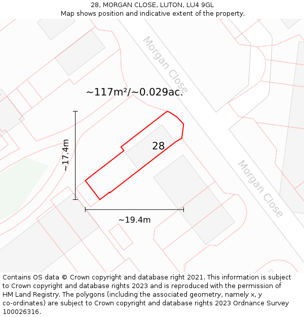 28, MORGAN CLOSE, LUTON, LU4 9GL: Plot and title map