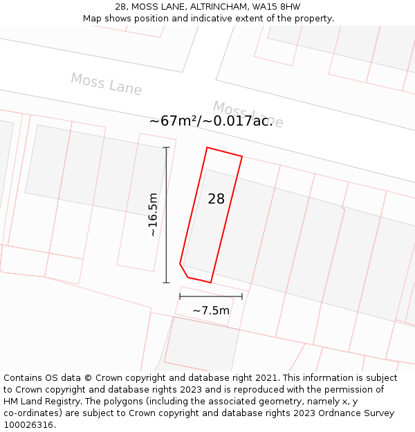 28, MOSS LANE, ALTRINCHAM, WA15 8HW: Plot and title map
