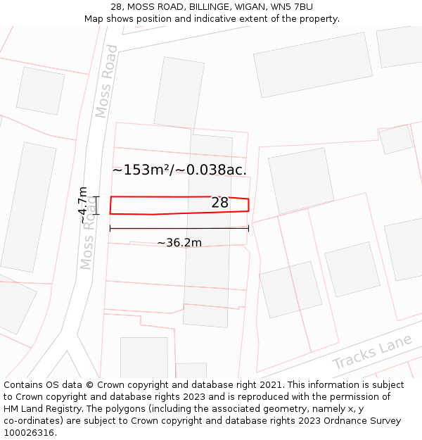 28, MOSS ROAD, BILLINGE, WIGAN, WN5 7BU: Plot and title map