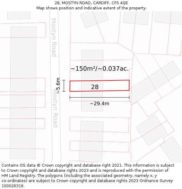 28, MOSTYN ROAD, CARDIFF, CF5 4QE: Plot and title map