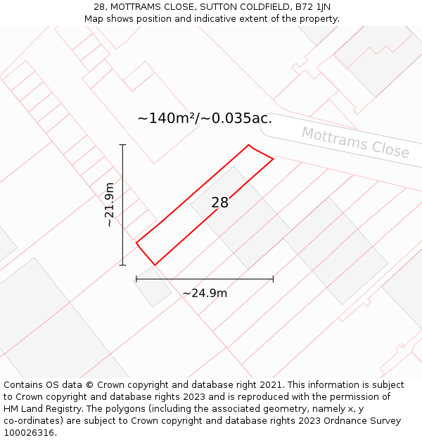 28, MOTTRAMS CLOSE, SUTTON COLDFIELD, B72 1JN: Plot and title map