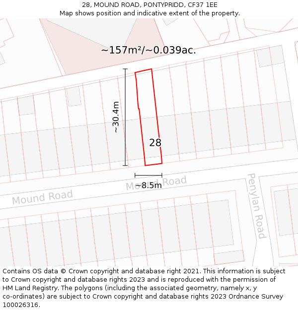 28, MOUND ROAD, PONTYPRIDD, CF37 1EE: Plot and title map