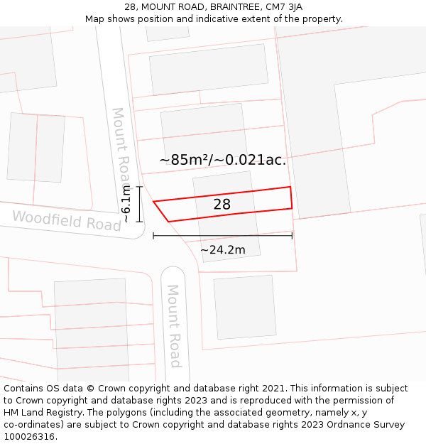 28, MOUNT ROAD, BRAINTREE, CM7 3JA: Plot and title map