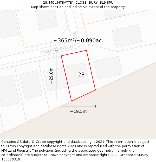 28, MOUNTBATTEN CLOSE, BURY, BL9 8PU: Plot and title map
