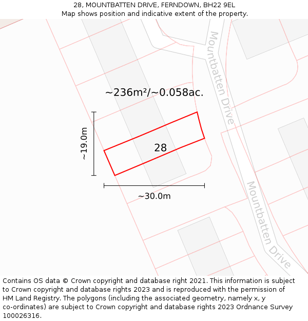28, MOUNTBATTEN DRIVE, FERNDOWN, BH22 9EL: Plot and title map