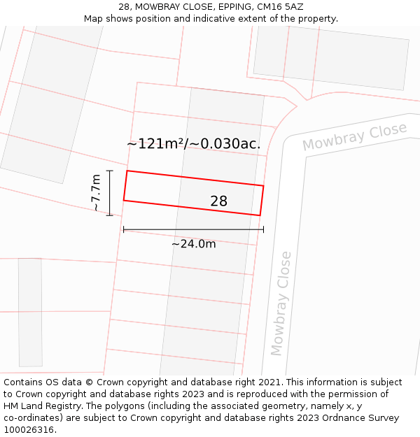 28, MOWBRAY CLOSE, EPPING, CM16 5AZ: Plot and title map