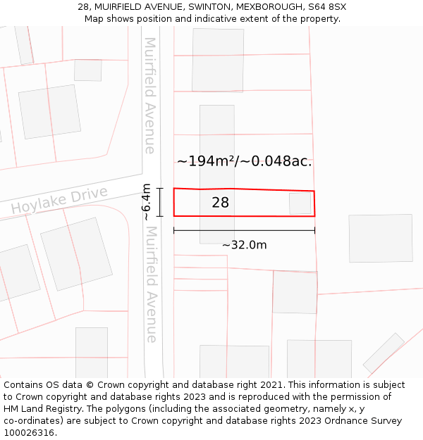 28, MUIRFIELD AVENUE, SWINTON, MEXBOROUGH, S64 8SX: Plot and title map