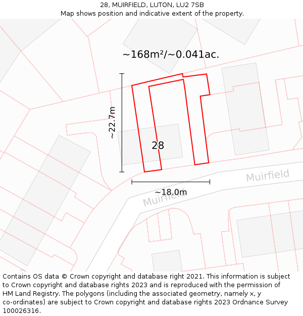 28, MUIRFIELD, LUTON, LU2 7SB: Plot and title map