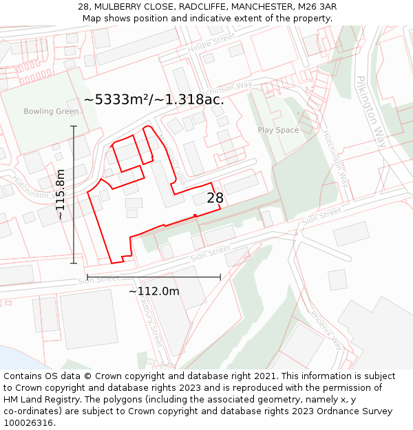 28, MULBERRY CLOSE, RADCLIFFE, MANCHESTER, M26 3AR: Plot and title map