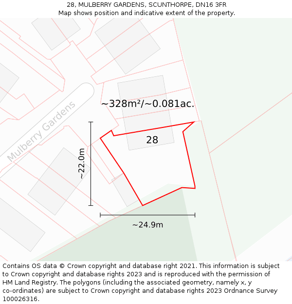 28, MULBERRY GARDENS, SCUNTHORPE, DN16 3FR: Plot and title map