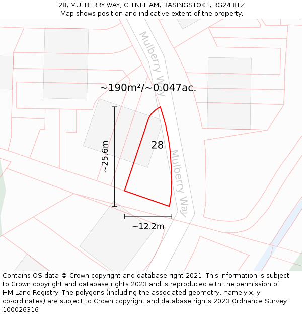 28, MULBERRY WAY, CHINEHAM, BASINGSTOKE, RG24 8TZ: Plot and title map