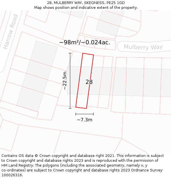 28, MULBERRY WAY, SKEGNESS, PE25 1GD: Plot and title map