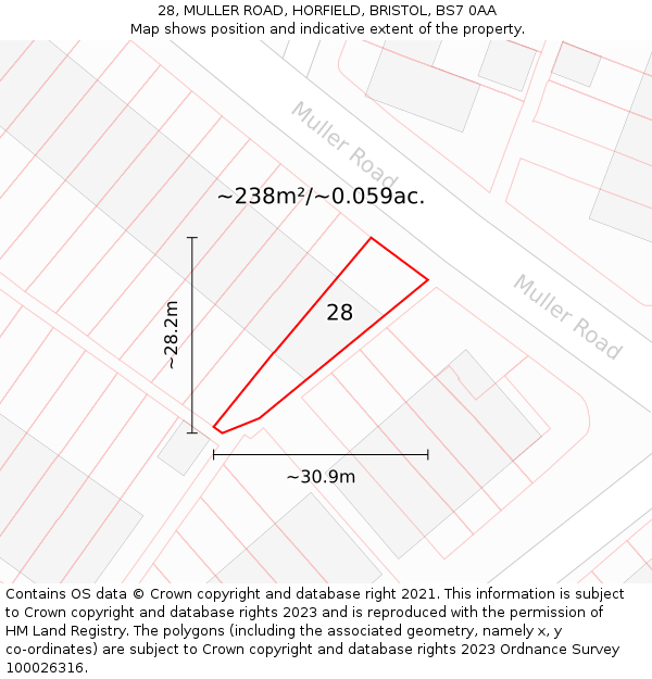 28, MULLER ROAD, HORFIELD, BRISTOL, BS7 0AA: Plot and title map
