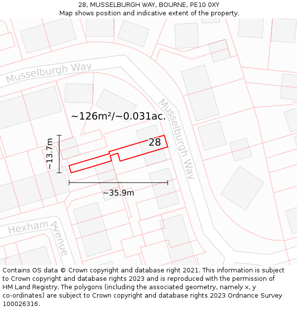 28, MUSSELBURGH WAY, BOURNE, PE10 0XY: Plot and title map