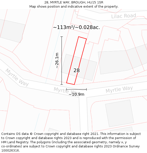 28, MYRTLE WAY, BROUGH, HU15 1SR: Plot and title map